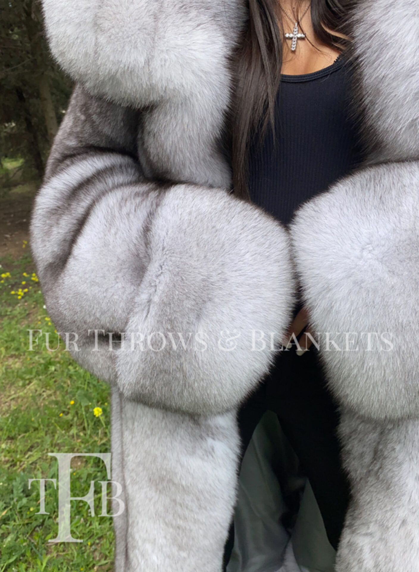 Unique Plush Solid Silver Canadian Blue Fox Fur Coat - Detachable
