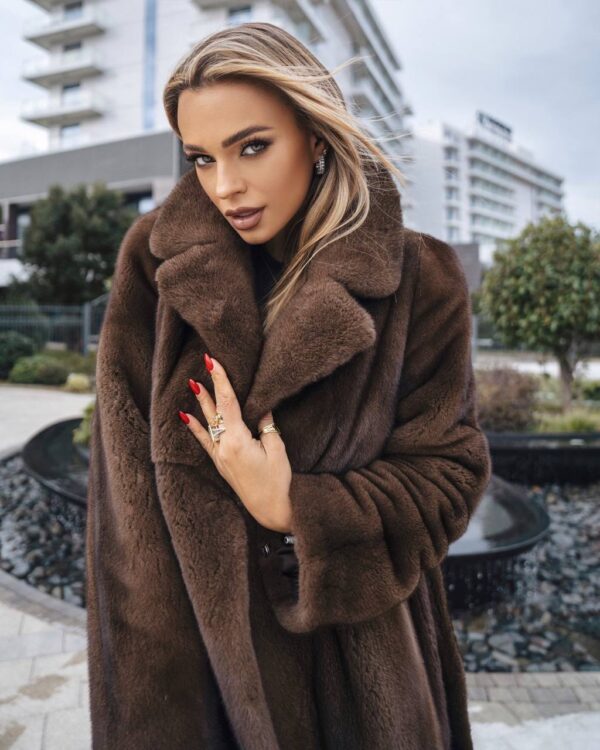 Idris | Luxury Saga Brown Mink Fur Coat With Lavish Notched Collar & Fur Belt - Image 2