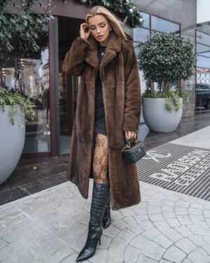Idris | Luxury Saga Brown Mink Fur Coat With Lavish Notched Collar & Fur Belt