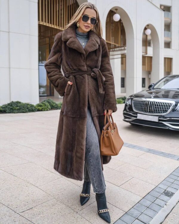 Idris | Luxury Saga Brown Mink Fur Coat With Lavish Notched Collar & Fur Belt - Image 5