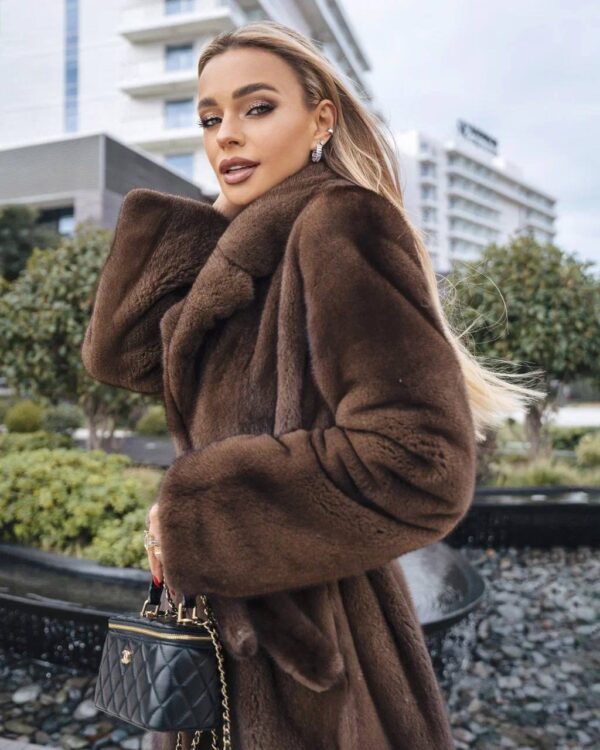 Idris | Luxury Saga Brown Mink Fur Coat With Lavish Notched Collar & Fur Belt - Image 4