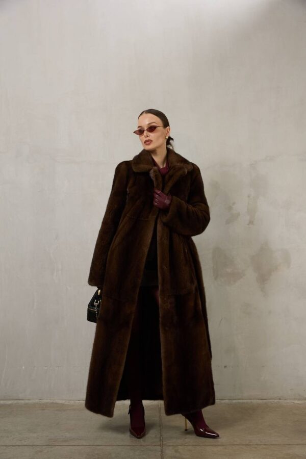 Daisy | Saga Top Brown Mink Full Length Fur Coat With Lavish Notched Collar & Fur Belt