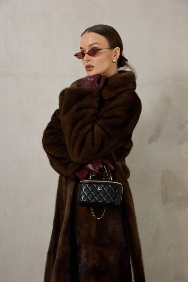 Daisy | Saga Top Brown Mink Full Length Fur Coat With Lavish Notched Collar & Fur Belt - Image 5