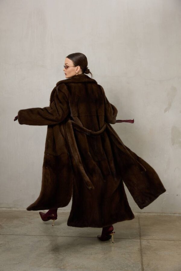 Daisy | Saga Top Brown Mink Full Length Fur Coat With Lavish Notched Collar & Fur Belt - Image 2