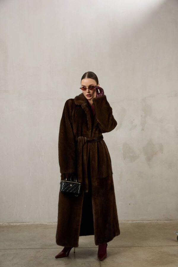 Daisy | Saga Top Brown Mink Full Length Fur Coat With Lavish Notched Collar & Fur Belt - Image 3