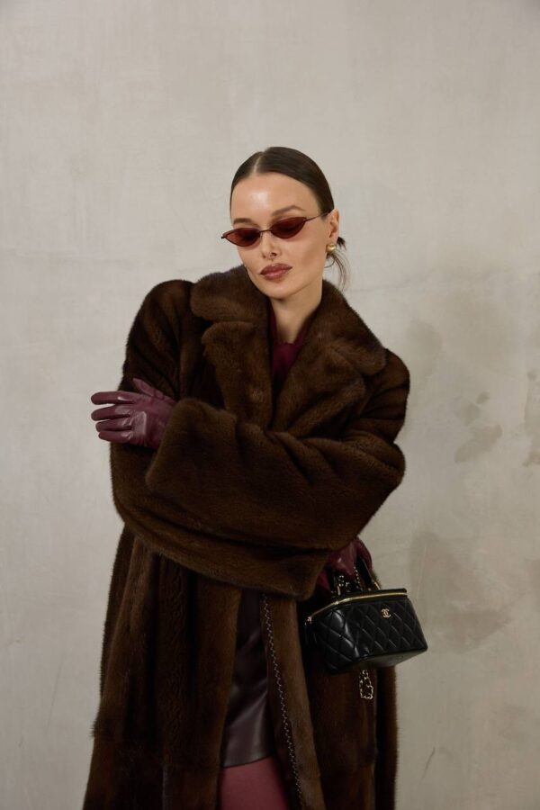Daisy | Saga Top Brown Mink Full Length Fur Coat With Lavish Notched Collar & Fur Belt - Image 4