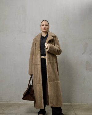 Posy | Saga Pastel Beige Mink Fur Coat With Lavish Notched Collar & Fur Belt