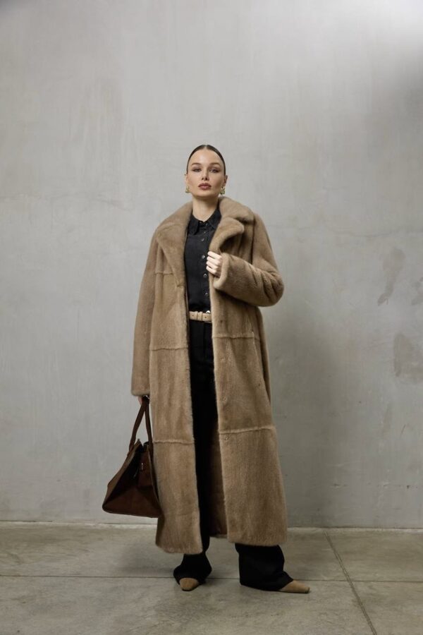 Posy | Saga Pastel Beige Mink Fur Coat With Lavish Notched Collar & Fur Belt