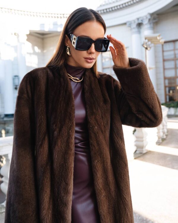Blair | Saga Dark Brown Mink Full Length Fur Coat With Shawl Collar – Fur Belt - Image 2