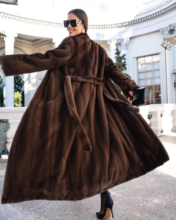 Blair | Saga Dark Brown Mink Full Length Fur Coat With Shawl Collar – Fur Belt - Image 5