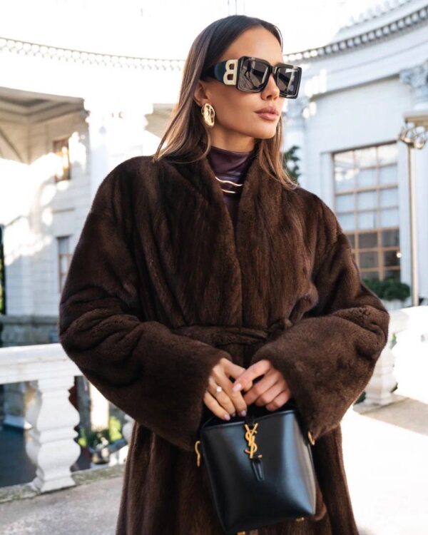 Blair | Saga Dark Brown Mink Full Length Fur Coat With Shawl Collar – Fur Belt - Image 3