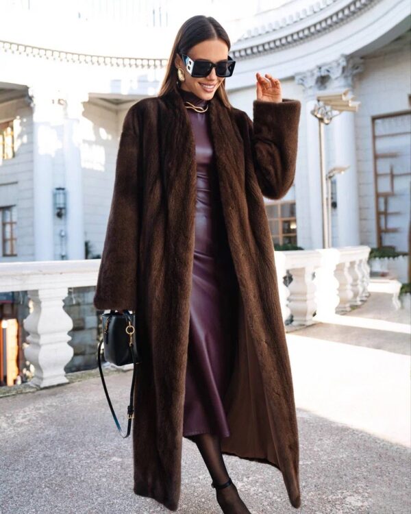 Blair | Saga Dark Brown Mink Full Length Fur Coat With Shawl Collar – Fur Belt - Image 4