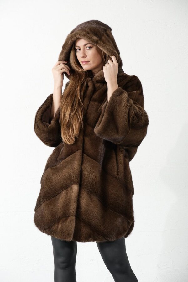 Symphony | Luxury Scandinavian Saga Brown Mink Fur Jacket Relaxed Fit With Hood - Image 2