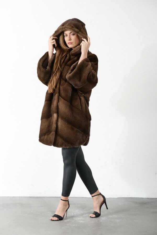 Symphony | Luxury Scandinavian Saga Brown Mink Fur Jacket Relaxed Fit With Hood