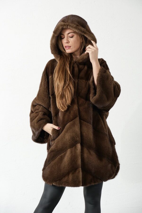 Symphony | Luxury Scandinavian Saga Brown Mink Fur Jacket Relaxed Fit With Hood - Image 6