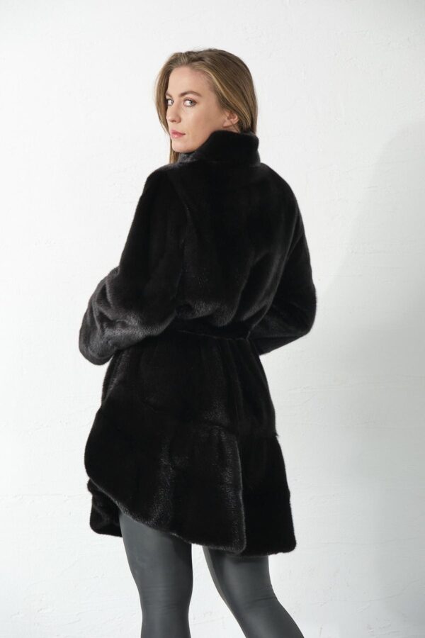 Clydie | Luxury Black Mink Fur Jacket / Coat With Stand Up Collar Relaxed Fit & Fur Belt - Image 4