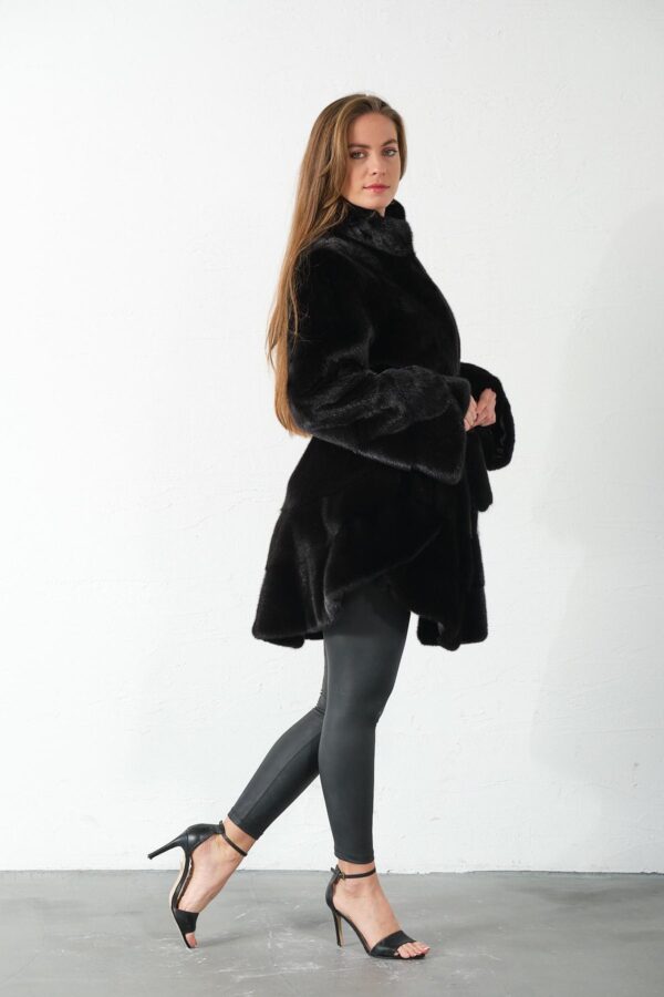 Clydie | Luxury Black Mink Fur Jacket / Coat With Stand Up Collar Relaxed Fit & Fur Belt - Image 2