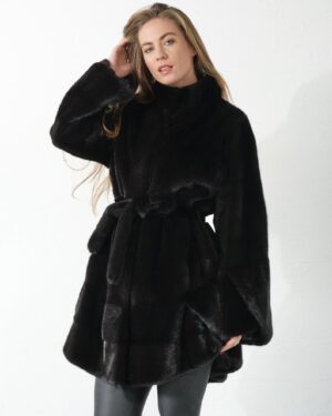 Clydie | Luxury Black Mink Fur Jacket / Coat With Stand Up Collar Relaxed Fit & Fur Belt