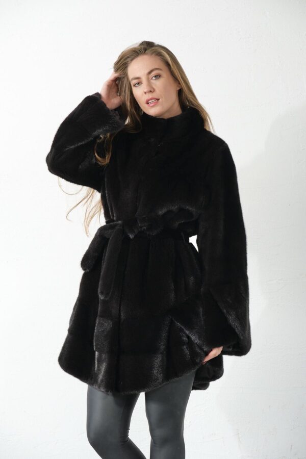 Clydie | Luxury Black Mink Fur Jacket / Coat With Stand Up Collar Relaxed Fit & Fur Belt