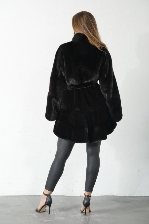 Clydie | Luxury Black Mink Fur Jacket / Coat With Stand Up Collar Relaxed Fit & Fur Belt - Image 3