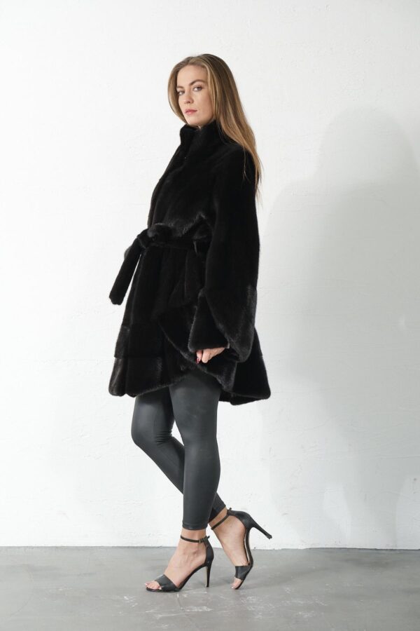 Clydie | Luxury Black Mink Fur Jacket / Coat With Stand Up Collar Relaxed Fit & Fur Belt - Image 5