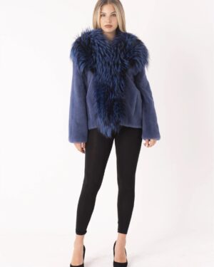 Alban | Luxury Saga Dyed Blue Mink Fur Jacket With Frontal Fox Fur Lavish Collar