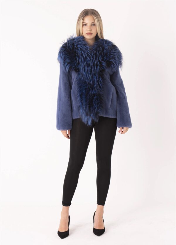 Alban | Luxury Saga Dyed Blue Mink Fur Jacket With Frontal Fox Fur Lavish Collar