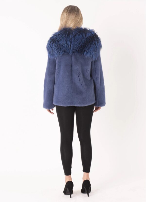 Alban | Luxury Saga Dyed Blue Mink Fur Jacket With Frontal Fox Fur Lavish Collar - Image 3