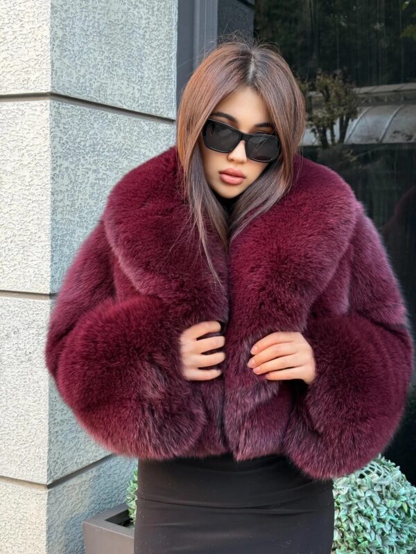 Vera | Luxury Saga Scandinavian Burgundy Fox Fur Jacket With Fur Collar - Image 6