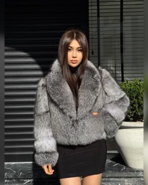 Adelaide | Luxury Saga Scandinavian Grey Frost Fox Fur Jacket With Fur Collar