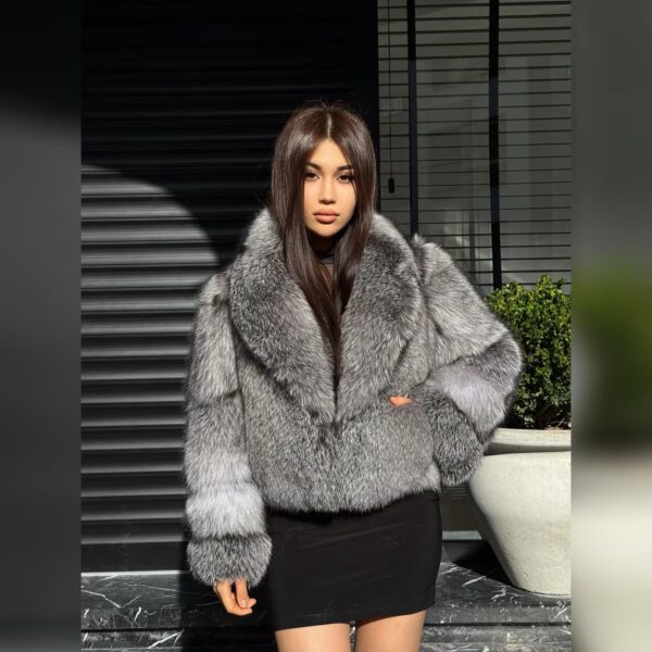 Adelaide | Luxury Saga Scandinavian Grey Frost Fox Fur Jacket With Fur Collar