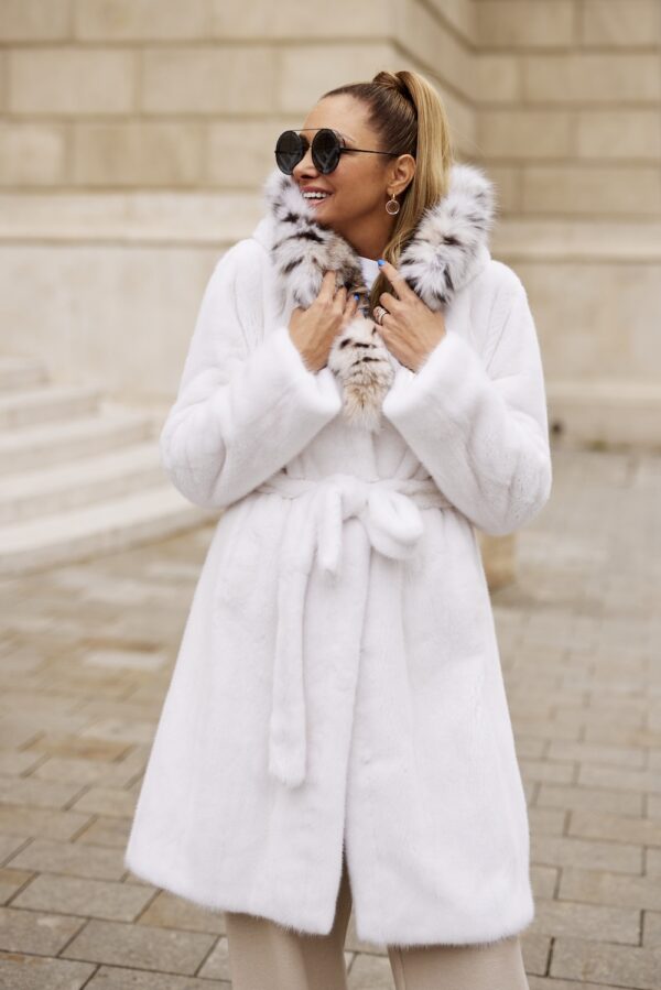 Adina | White Mink Fur Coat With American Lynx Fur Hood & Fur Belt - Image 3