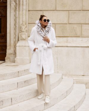 Adina | White Mink Fur Coat With American Lynx Fur Hood & Fur Belt