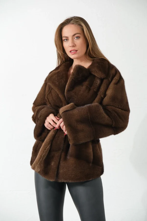 Francesca | Scandinavian Brown Mink Fur Jacket With Notched Collar & Fur Belt - Image 4