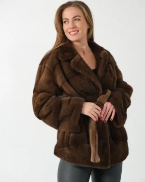 Francesca | Scandinavian Brown Mink Fur Jacket With Notched Collar & Fur Belt