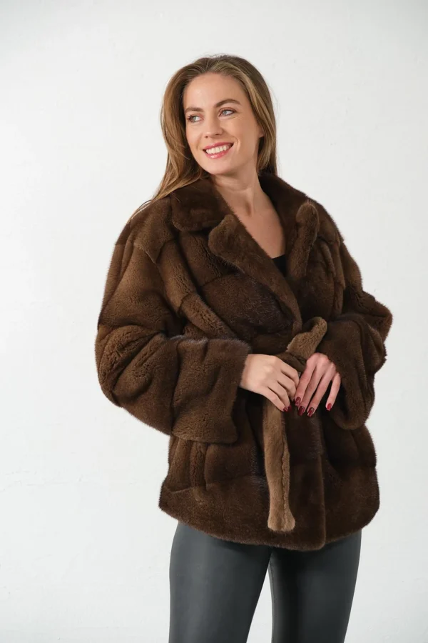 Francesca | Scandinavian Brown Mink Fur Jacket With Notched Collar & Fur Belt