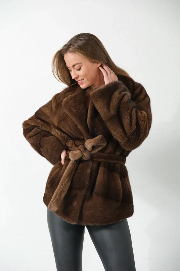 Francesca | Scandinavian Brown Mink Fur Jacket With Notched Collar & Fur Belt - Image 5