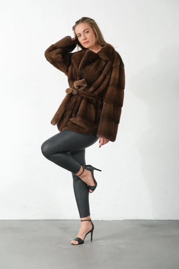 Francesca | Scandinavian Brown Mink Fur Jacket With Notched Collar & Fur Belt - Image 7