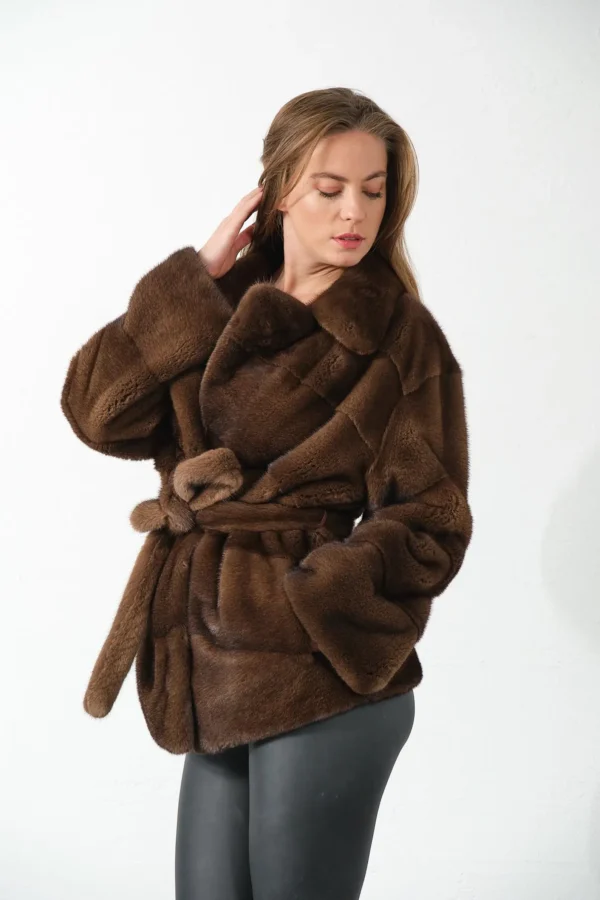 Francesca | Scandinavian Brown Mink Fur Jacket With Notched Collar & Fur Belt - Image 2