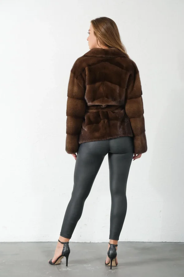 Francesca | Scandinavian Brown Mink Fur Jacket With Notched Collar & Fur Belt - Image 3