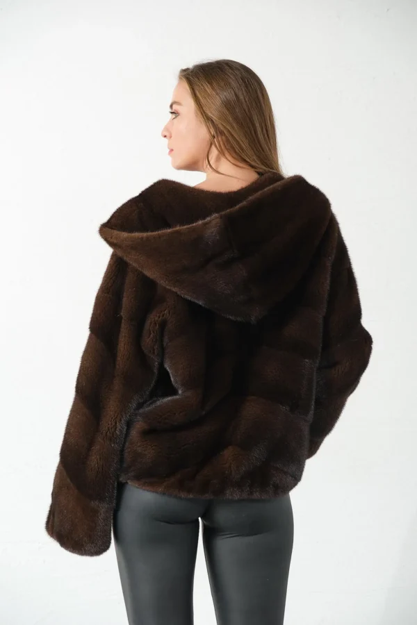 Esa | Luxury Scandinavian Mahogany Brown Mink Fur Jacket With Hood - Image 3