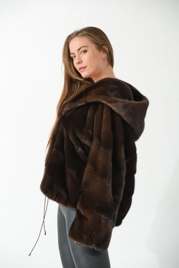 Esa | Luxury Scandinavian Mahogany Brown Mink Fur Jacket With Hood - Image 5