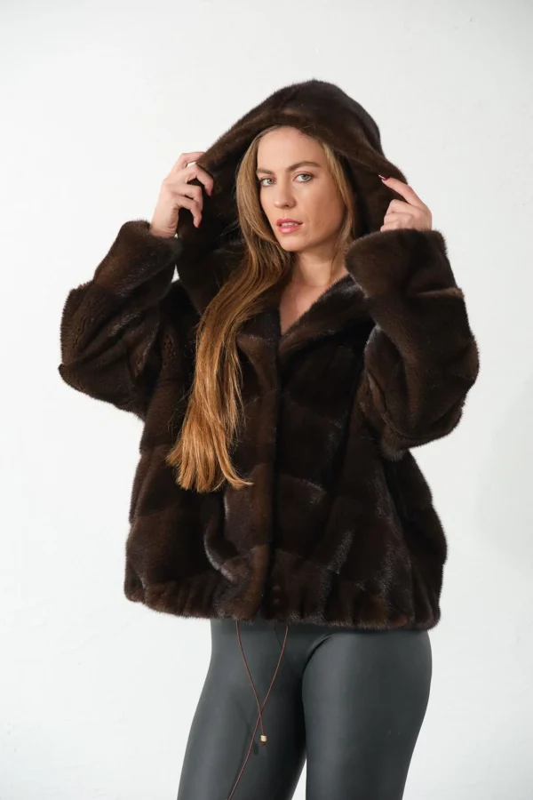 Esa | Luxury Scandinavian Mahogany Brown Mink Fur Jacket With Hood - Image 6