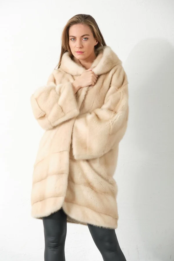 Tavianna | Luxury Scandinavian Palomino Beige Saga Mink Fur Coat With Lavish Hood - Image 4
