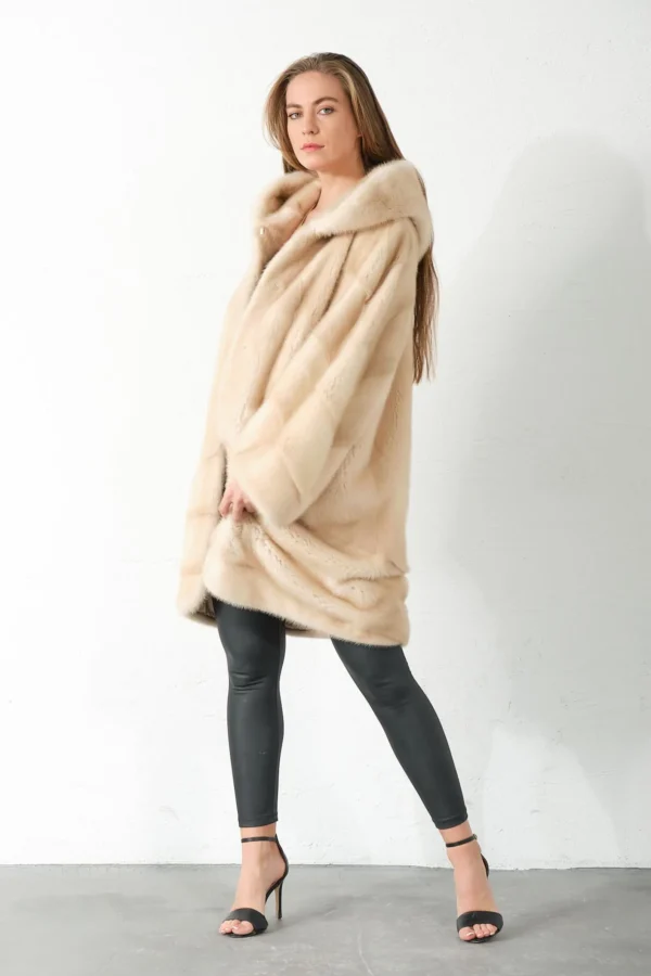 Tavianna | Luxury Scandinavian Palomino Beige Saga Mink Fur Coat With Lavish Hood - Image 5