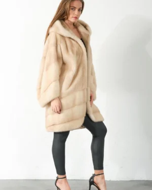 Tavianna | Luxury Scandinavian Palomino Beige Saga Mink Fur Coat With Lavish Hood