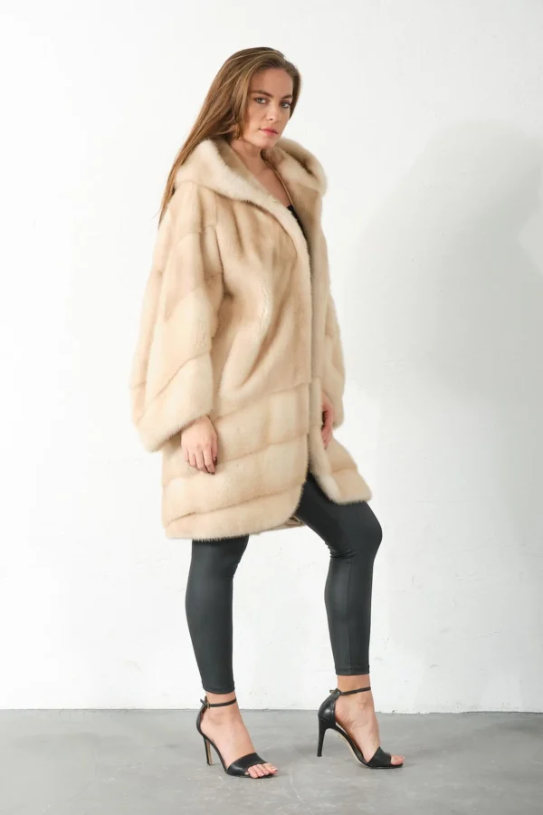 Tavianna | Luxury Scandinavian Palomino Beige Saga Mink Fur Coat With Lavish Hood