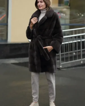 Koa | Grey Scandinavian Mink Fur Coat With Notched Collar & Fur Belt
