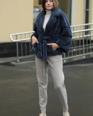 Letisha | Luxury Blue Scandinavian Mink Fur Jacket With Notched Collar & Fur Belt