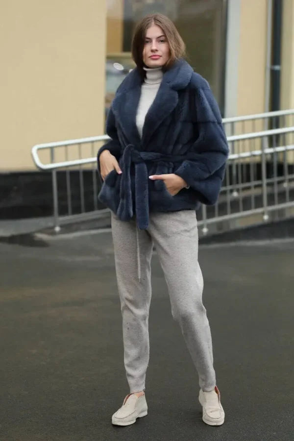 Letisha | Luxury Blue Scandinavian Mink Fur Jacket With Notched Collar & Fur Belt